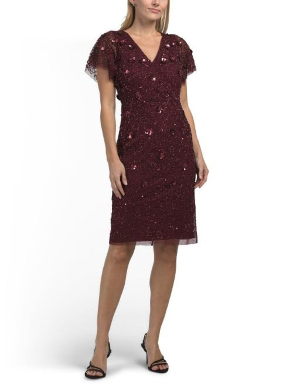 ADRIANNA PAPELL Short Sleeve Beaded Cocktail Mini Dress